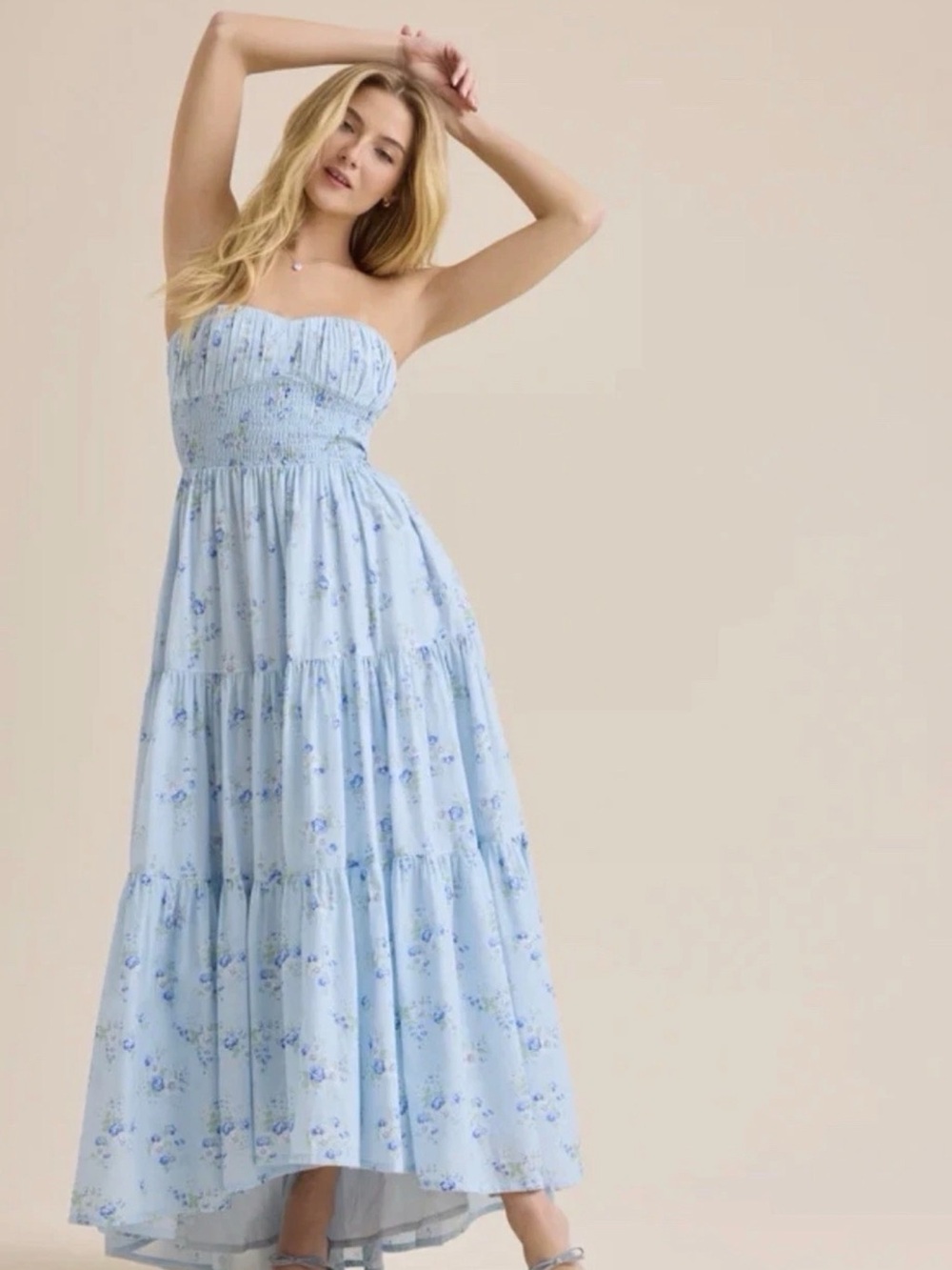 Altar'd State Women's Blue Floral Strapless Maxi Dress Size M Coastal Romantic